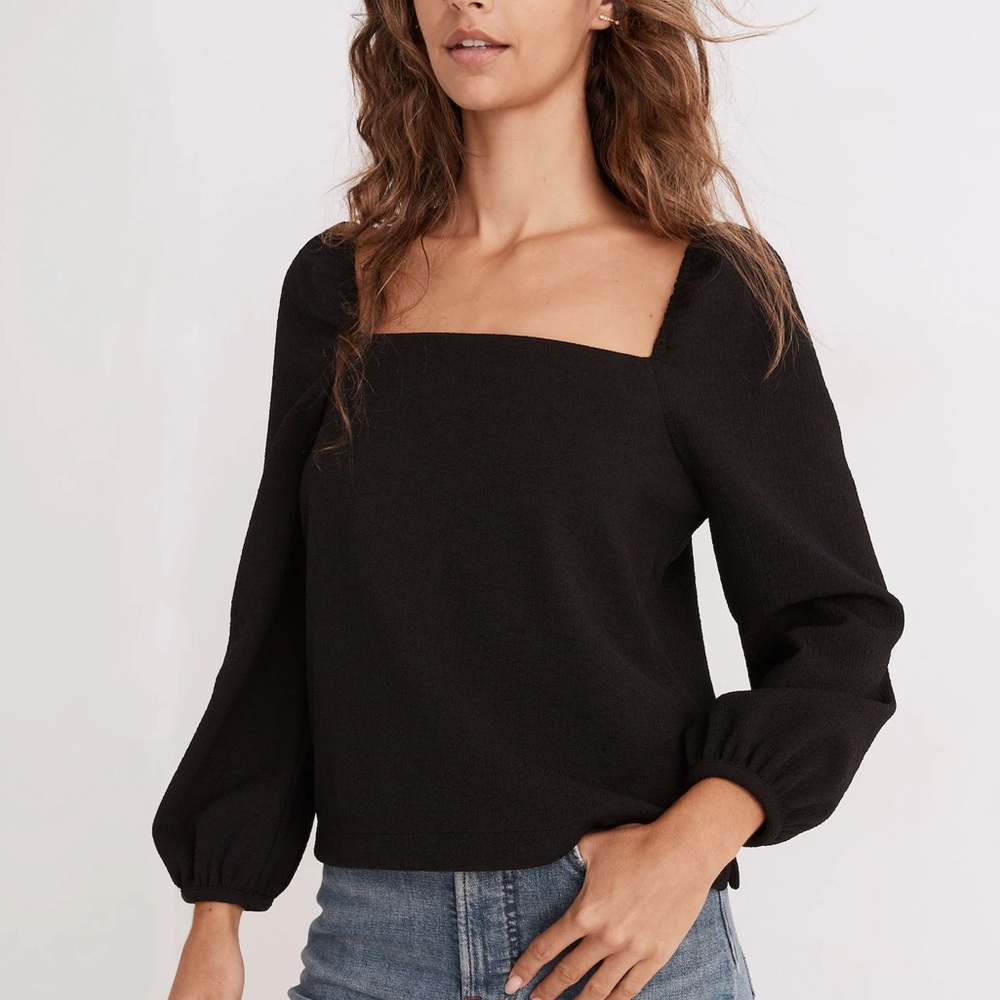 Crepe Square-Neck Puff-Sleeve Top